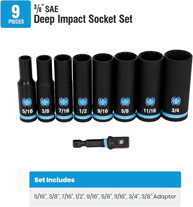 Spyder 9-Piece 3/8-Inch Drive Deep Thin-Walled SAE Impact Socket Set with Adapter (19704)
