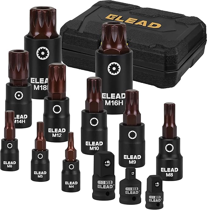 13-Piece XZN Triple Square Spline Bit Impact Socket Set - Premium S2 Steel European Style M4 - M18 with Socket Adapters, 1/4”, 3/8” and 1/2” Drive | Professional Mechanic Garage Tools