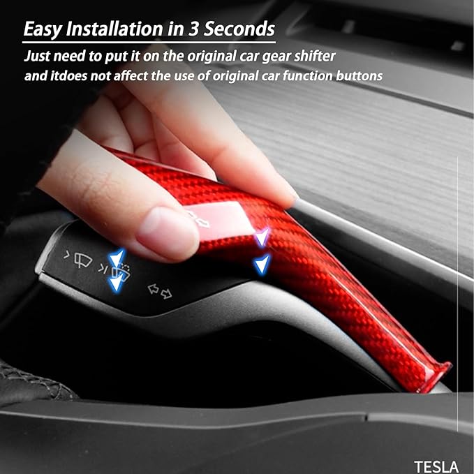 Fit Tesla Model 3 Y 2021-2023,Real 3K240G Carbon Fiber Steering Wheel Column Gear Shift Cover Gear Lever Decoration Accessories 2pcs(Premium Mateal) (Gloss Red)