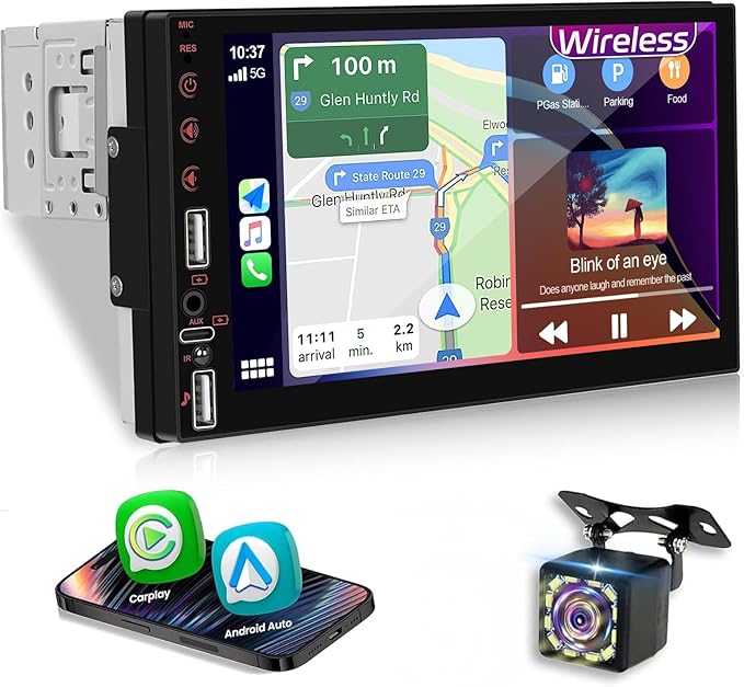 NHOPEEW Single Din Stereo with Wireless Carplay and Android Auto - 7 Inch Touch Screen Car Radio - Online Video/EQ Audio/Mirror Link/SWC/Bluetooth/FM/USB Charging + 12leds Backup Camera