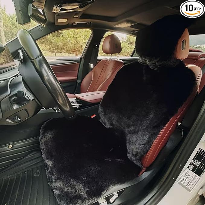 Genuine Fluffy Sheepskin car seat Covers, Black Merino Wool seat Cover for Front seat of SUV Truck Sedan Minivan