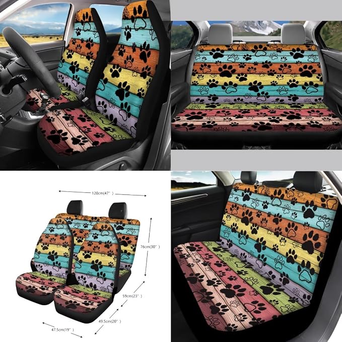 Paws Wood Print Car Accessories Set of 15 Car Front Back Seat Covers Steering Wheel Cover Seatbelt Strap Pad Air Vent Storage Holder Trash Cans Rearview Mirror Cover Coasters Keychain