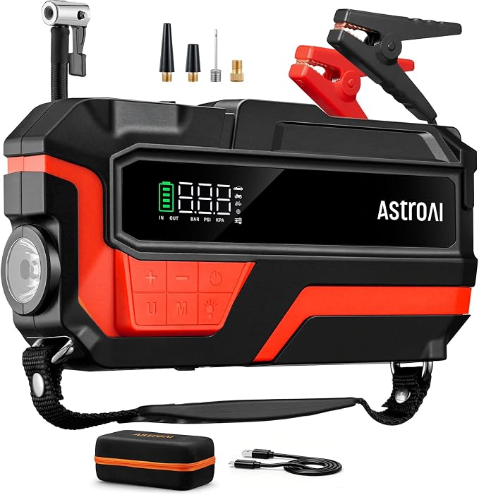 AstroAI Jump Starter with Air Compressor, Car Battery Jump Starter Portable with 150PSI Cordless Auto-Shutoff Tire Inflator, 12V Battery Charger Booster(Dark Red)