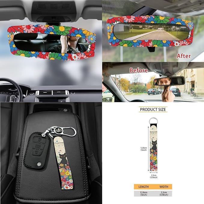 Cat Flower Print Car Seat Covers Full Set with Steering Wheel Cover for Women Decorative Safety Belt Pads Inside Rearview Mirror Cover Garbage Bag Car Air Vent Organizer, Beige