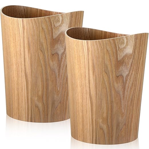 Threehoney 2 Pack 2.3 Gallons Wood Trash Can Wastebasket Natural Wood Round Wastebasket Small Trash Bin for Home, Office Under Desk, Kitchen, Bedroom, Den, Hotel, Room(Light Wood,Wavy)