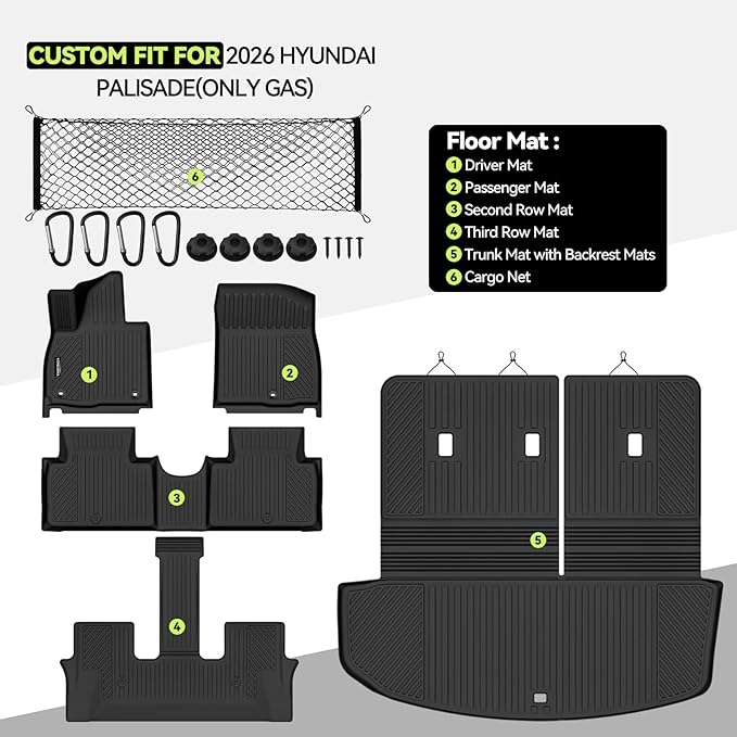 Tongama-Floor Mats for 2026 Hyundai Palisade(Only Gas), All Weather TPE Trunk Mat with Backrest Mat and Cargo Net for Hyundai Palisade Floor Liner Accessories