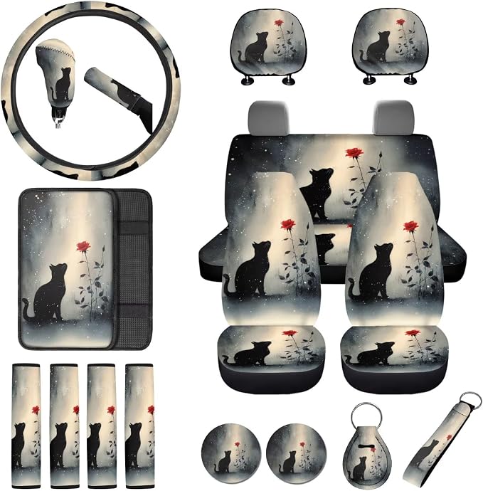 Cat Rose Print Car Seat Cover for Front and Back Seats with Headrest Covers Steering Wheel Cover Safety Belt Pads Armrest Cushion Gear Shift Lever and Handbrake Covers Keychain