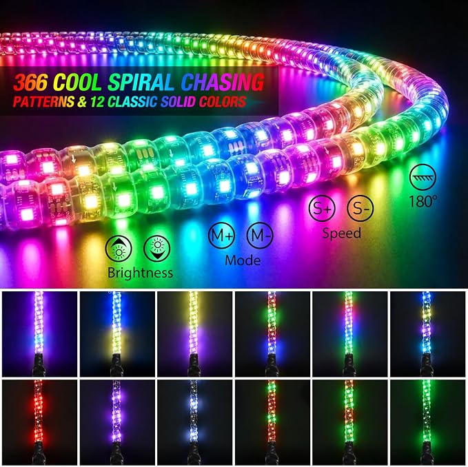 Nilight LED Whip Light 2PC 2FT Spiral RGB Antenna Whips with Spring Base, App/Remote Control DIY Chasing Patterns Brake & Reverse Turn Signal Lights for Side by Side ATV UTV RZR Can-Am Buggy Jeep
