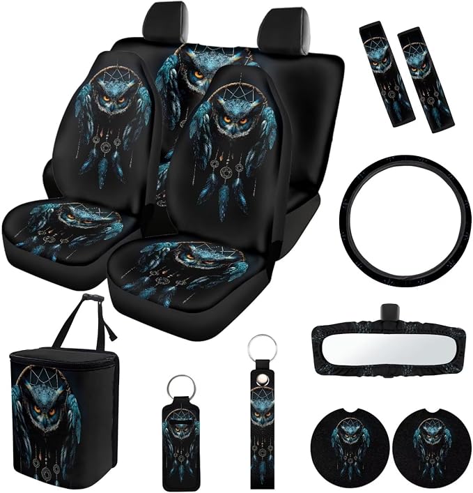 Suobstales Owl Dreamcatcher Print Car Seat Cover Interior Accessories Set of 13, Steering Wheel Covers, Car Trash Can, Seatbelt Cover, Coasters, Keychains, Rearview Mirror Cover for Truck SUV Sedan