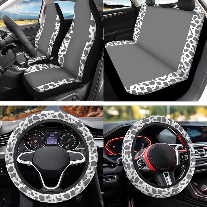 Gray Cow Print 12 Pack Car Seat Covers Full Set with Steering Wheel Cover Arm Rest Cover Car Cup Coasters Auto Seat Belt Cover Easy to Install Universal Fit for Vehicles,Cars,Suvs
