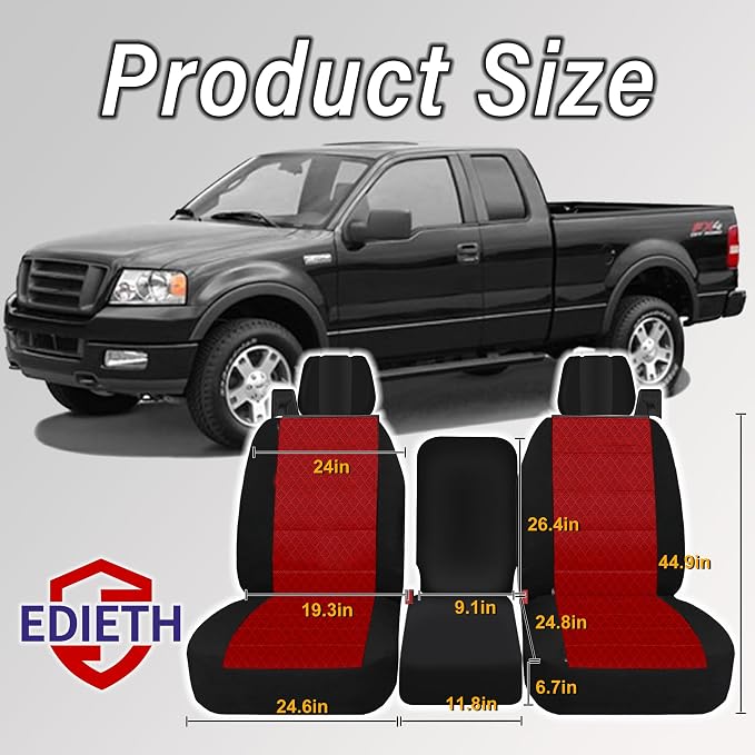 Front 40/20/40 Heavy-Duty Oxford Fabric Seat Covers Compatible with Ford F150 XL/Standard Cab 2004-2008, Split Bench with Integrated Seatbelts & Solid Armrest-Red