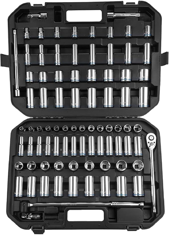 BLACK CANYON 84 Piece 1/2" Drive Impact Socket Set, Metric (3/8 to 1-5/16 inch) & Metric(10 to 32mm), Standard Deep Socket Set with 90 Tooth Ratchet, Extension Breaker Bar, Heavy-Duty Case