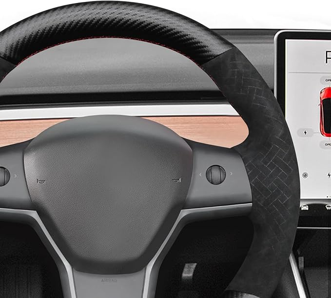 MEWANT Hand Stitch Matte PU Carbon Fiber Embossed Suede Steering Wheel Cover for Tesla Model Y 2023 Model 3 2017-2023