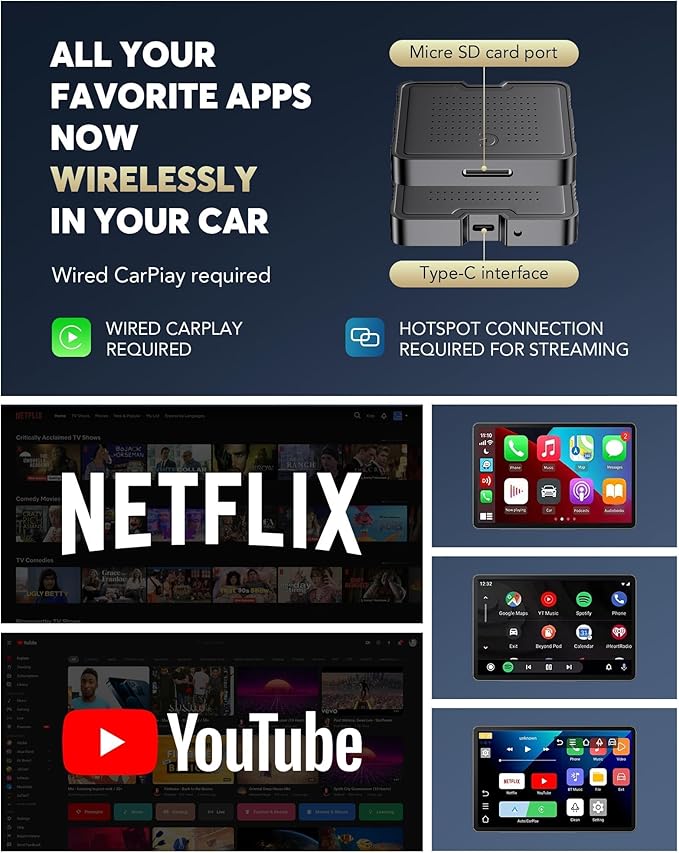 2-in-1 Wireless CarPlay Adapter for Streaming Netflix/YouTube/TikTok/TF Card, 2025 Magic Video AI Box & Android Auto Dongle, Plug & Play, Fit with iPhone 8+/iOS10+/Android 11+