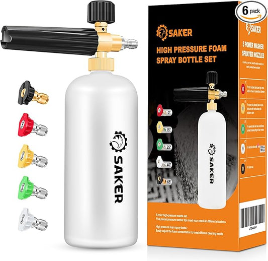 Saker Foam Cannon, 1/4 Inch Quick Connect, Power Washer Foam Cannon with 5 Pressure Washer Nozzles