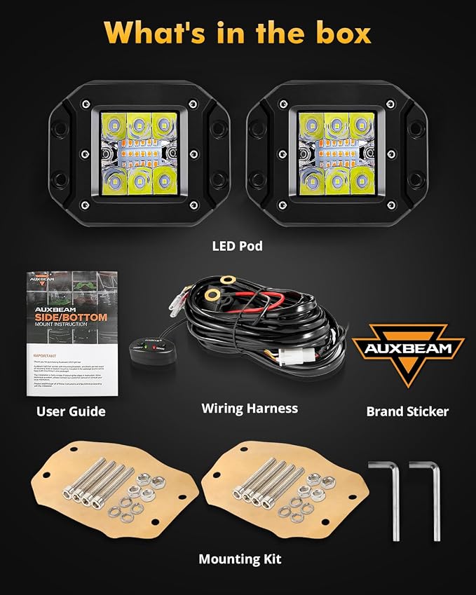 Auxbeam 6 Modes Amber White Series 5-Inch 72W Strobe LED Light Pods | Flush mount fog lights, Spot flood combo, Memory reset function, Grille bumper reverse backup, Dual color offroad lights