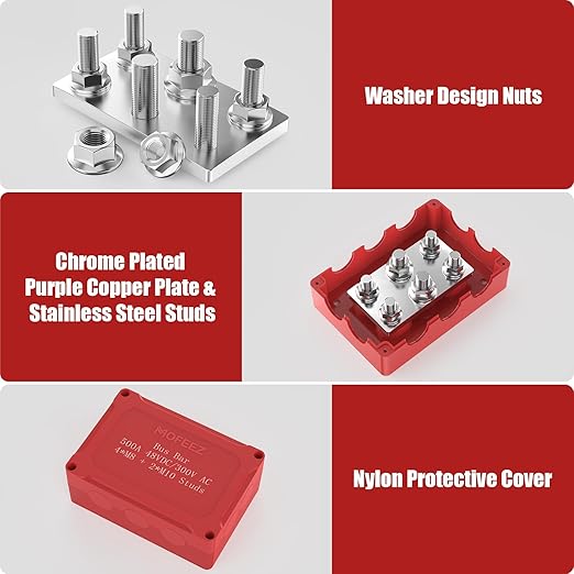 Mofeez Power Distribution Block Heavy Duty 500A Waterproof Bus Bar with 2X 3/8"(M10) + 4X 5/16"(M8) Studs, 48V DC Automotive Marine Battery Terminal Distribution Block with Cover