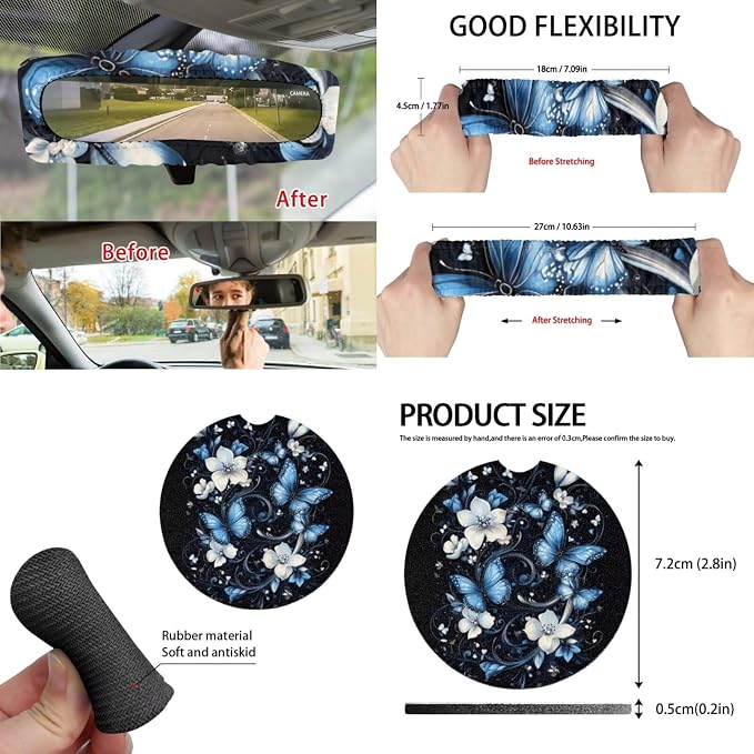 Blue Butterfly Car Seat Covers Full Set for Women Floral Car Accessories Steering Wheel Cover Seatbelt Pad Coasters Trash Bag Rearview Mirror Cover Keychain
