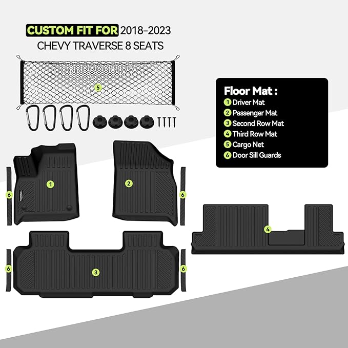 Tongama-Floor Mats for 2018-2023 Chevy Traverse/Buick Enclave 8 Seat with Bench Seats, All Weather TPE Floor Liner & Cargo Net & Door Sill Guards for Traverse/Enclave Accessories