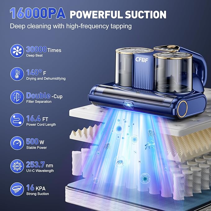 CFBF Mattress Vacuum Cleaner, Bed Vacuum Cleaner with 16Kpa Suction 253.7nm UV-C Light, Ultrasonic & High Heating, 500W Powerful Double-Cup Handheld Vacuums for Bed, Sofa, Couch, Crib, 16.4FT Corded