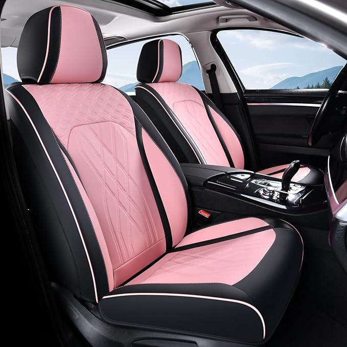 FLORICH Leather Cars Seat Covers Full Set Pink Car Seat Covers Front and Rear Seat Covers for Car Waterproof Vehicle Seat Interior Cover Universal Fit for Most Car Truck SUV, Black&Pink