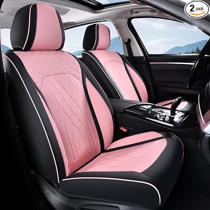 FLORICH Automotive Seat Covers Leather Pink Seat Covers for Cars Front Seats Waterproof Breathable Car Seat Cushion Comfort Interior Covers Universal Fit for Most Car Truck SUV Driving, Black&Pink