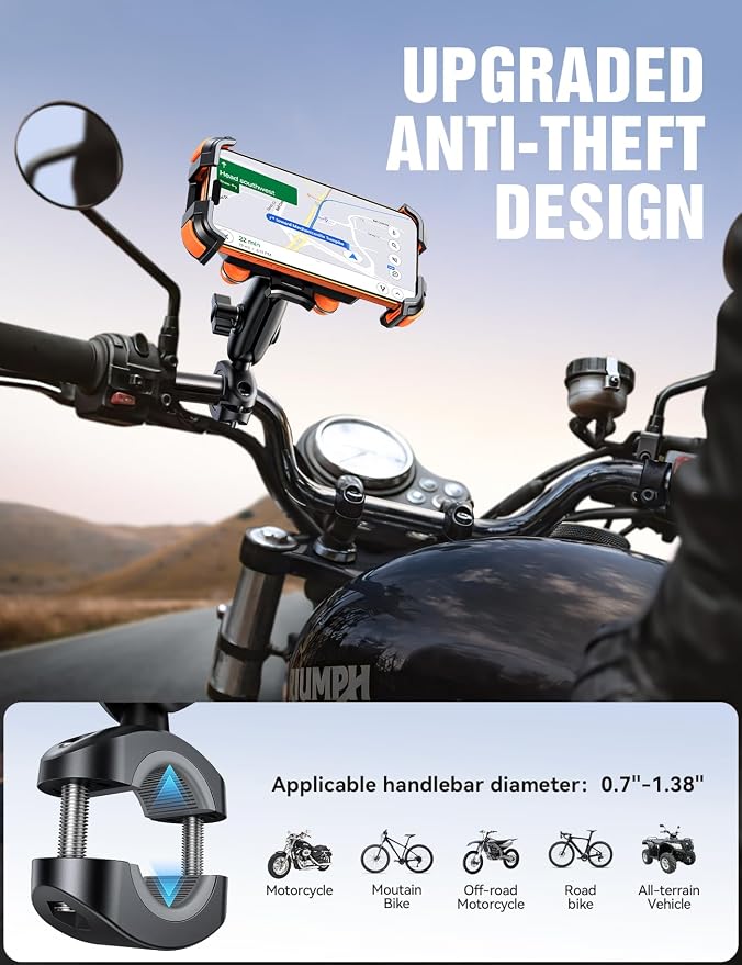 JOYROOM Motorcycle Phone Mount Holder - [Dual Vibration Dampener] 100mph Anti-Shock Phone Holder for Motorcycle [Metal Adjustment Arm] Bicycle Bike Phone Holder Mount for 4.7-7" Cell Phones, Orange