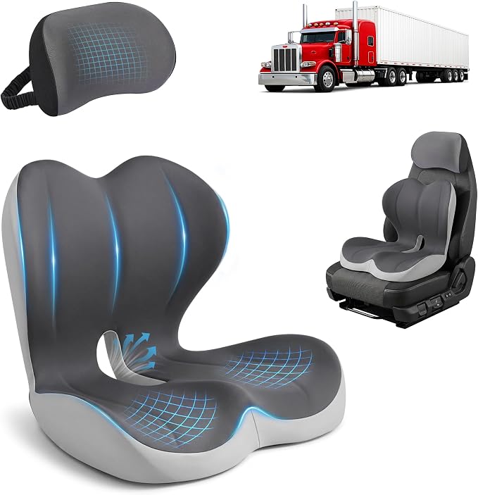Truck Seat Cushion and Headrest Set for Long Driving - Memory Foam Car Seat Driver Cushion for Tailbone, Back & Sciatica Pain Relief, Ergonomic Lumbar Support for Semi Truck - Drak Gray