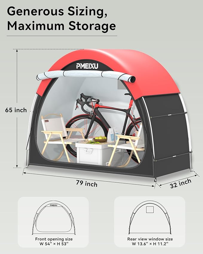 Upgraded Bike Storage Shed Tent, 210D Oxford Fabric PU4000 Waterproof Bicycle Shed, 53" High-Clearance Outdoor Shelter for 2-3 Bikes, Portable Storage for Motorcycles Garden Tools & Lawn Mowers