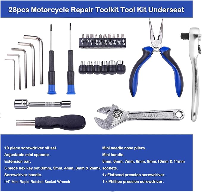 Upgarded 29PCS Compact Motorbike Tool Sets, Motorcycle Repair Toolkit Tool kit Underseat,Motorcycle Repair on the Road, Great for Travel Tool Needs
