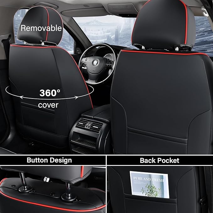 Coverado Car Seat Cover Front Seats, Red Seat Covers Front Seats, Nappa Leather Waterproof, Car Seat Cushion, Car Seat Protector Universal Fit Most Cars