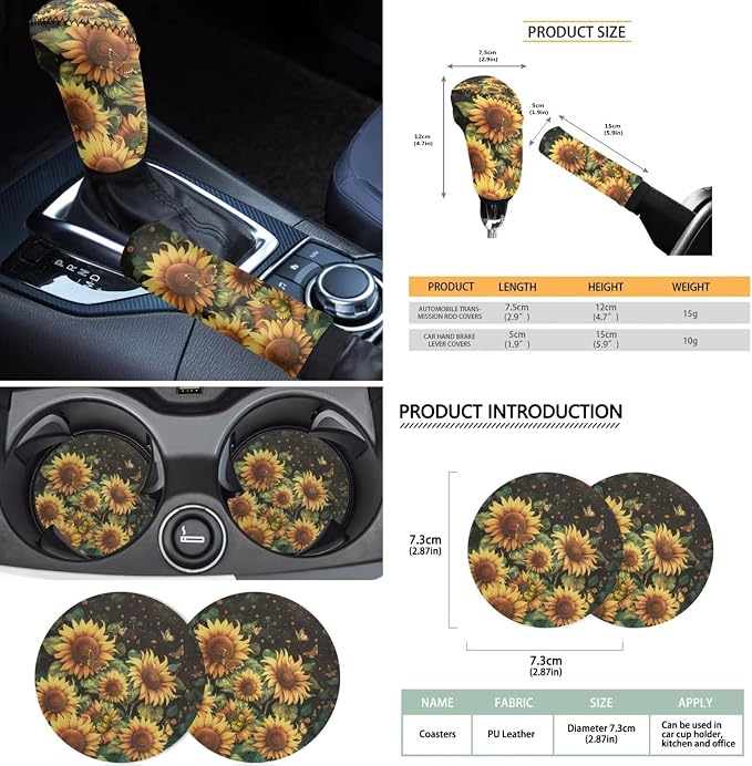 Sunflower Car Seat Covers Full Set with Steering Wheel Cover Set of 18 Flower Head Rest Protector+Seat Belt Shoulder Pads+Car Cup Coaster+Handbrake Cover+Armrest Cushion and Keychain