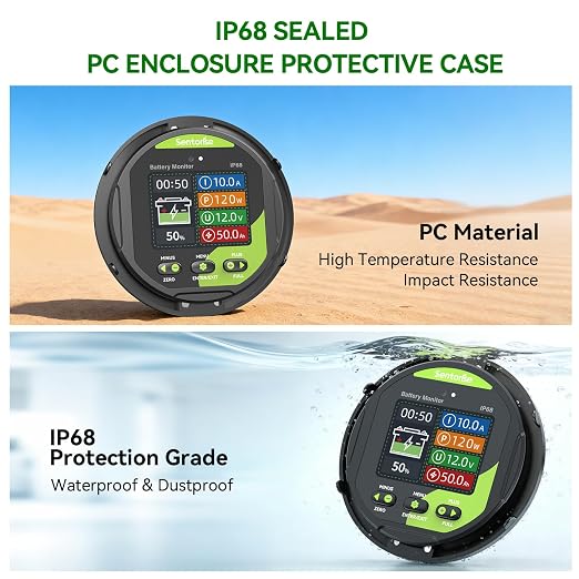 0-500A Battery Monitor with Shunt, 8-120V IP68 Waterproof LCD Screen with Buzzer Alarm for RV Solar Marine Off-Grid System, Capacity Percentage Time Power Voltmeter Display