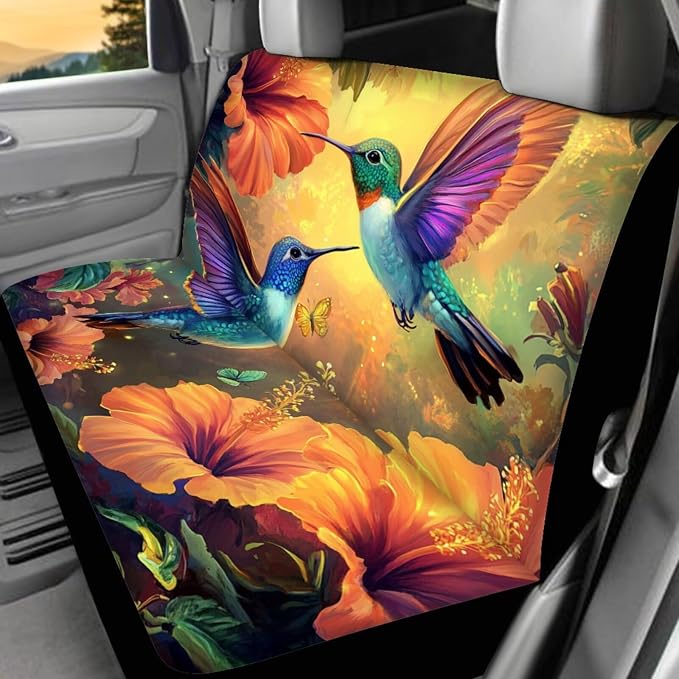 Hummingbird Flowers Car Seat Cover Set 17 Pack Hummingbird Car Interior Accessories Full Set with Seat Belt Shoulder Pad Car Arm Rest Cover Pad Universal Automotive Carpet Floor Mats Set of 4