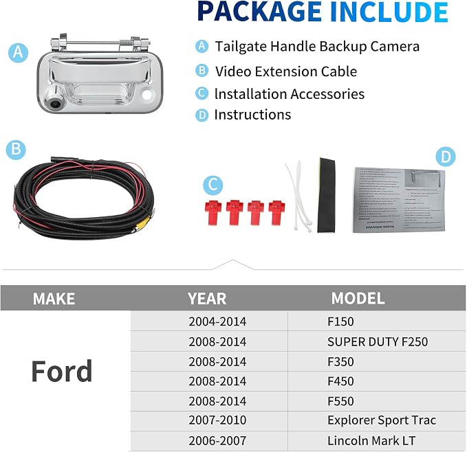 EWAY Tailgate Handle Backup Rear View Reverse Camera for Ford F150 2004-2014/Super Duty F250/F350/F450/F550 2008-2014 Explorer Sport Trac Lincoln Mark LT Pickup Truck Chrome(with Optional Guideline)