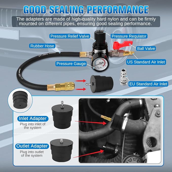 Turbo Boost Leak Tester Kit 10PC Boost Leak Tester Automotive Well-sealed Turbo/Emission/Cooling System Pressure Leakage Tester with 4 Pairs of Stepped Adapters 1-3/8" to 3-1/2", US & EU Air Fitting