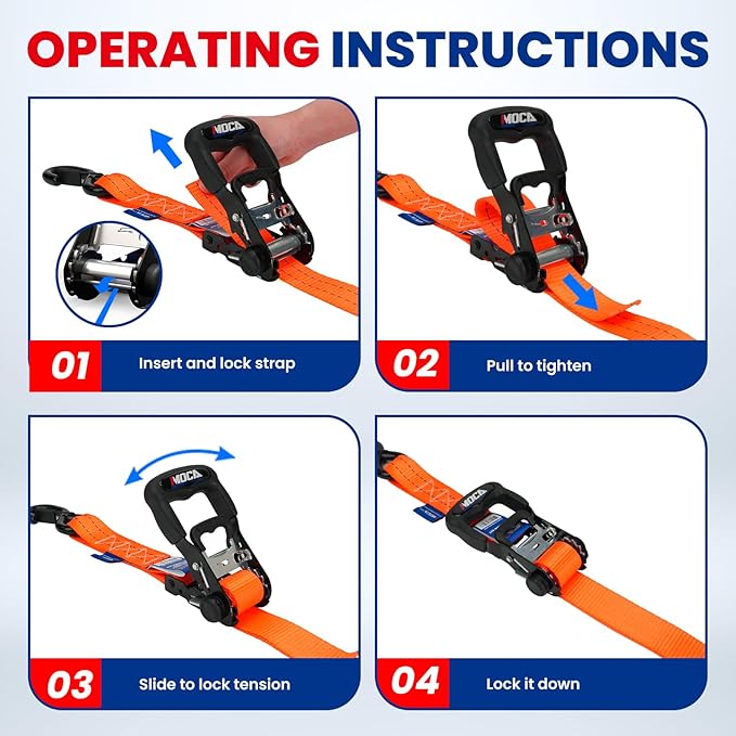 MOCA Orange Heavy Duty Ratchet Tie Down Straps - 5200 Lbs Breaking Strength 1.6" x 8', Includes 4 Heavy Duty Ratchet Padded Handles & Coated Chromoly S Hooks & 4 Soft Loop Tie-Downs
