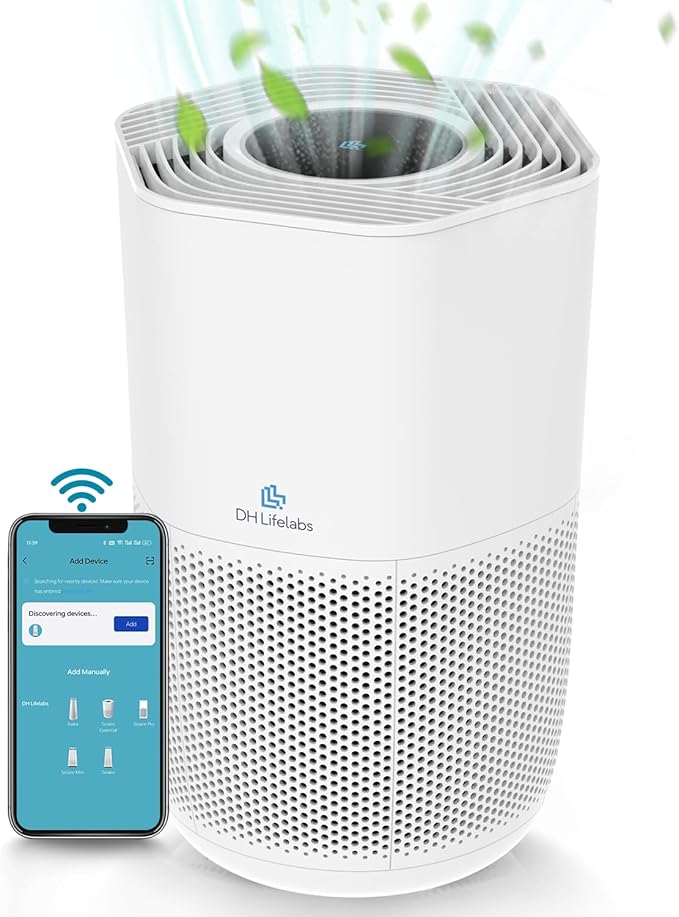 DH Lifelabs HEPA Air Purifier, WiFi Smart Air Purifier for Dorm, Home, Living Room, Bedroom, H13 TrueHEPA Filter Captures Allergies, Ionizer Eliminates Pet Odor Eliminate, for Up to 1026 SqFt, White