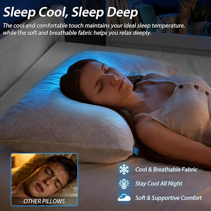 BETU Cooling Pillows Standard Size Set of 2, Shredded Memory Foam Standard Pillows Set of 2 for Hot Sleepers, Adjustable Firm Soft Support Pillow for Side, Back, Stomach Sleeping, White