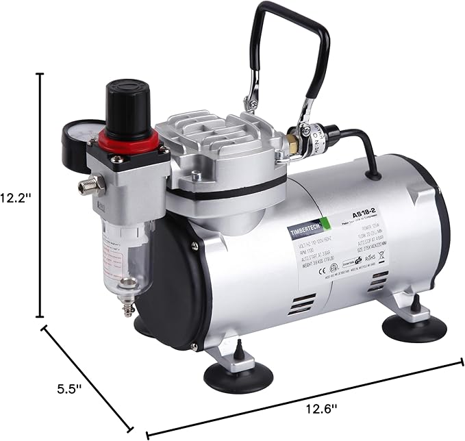 Timbertech Airbrush Kit With Compressor AS18-2K Basic Start Kit With Air Hose, Cleaning Brushes, and Test Paints for Hobby, Body Tattoo, Model painting, Automotive Graphic, Make-up