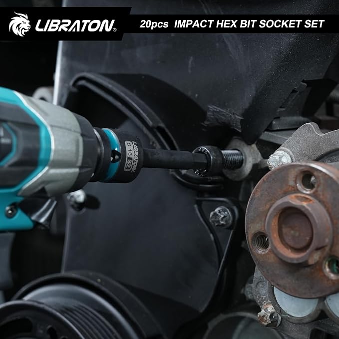 LIBRATON Impact Hex Bit Socket Set, 1/2" Dr, S2 Steel, Metric & SAE 20PCS (H5-H19 & 1/4"-3/4") High Torque Sockets for Professional Mechanics & Automotive Repair (XPE Storage Cases)