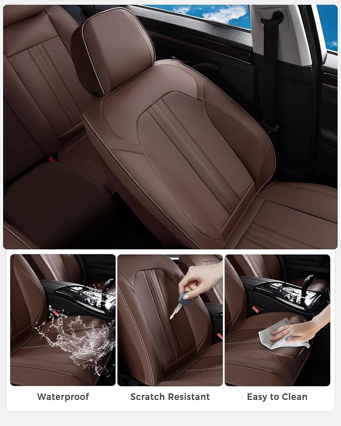 Huidasource Coffee Front Seat Cover, Luxury Faux Leather Front Car Seat Cover, Compatible with Airbags, Seatbelt Buckles, Perforation, Cooling＆Heating, Universal Fit for Most Cars, Vans, Trucks, SUVs