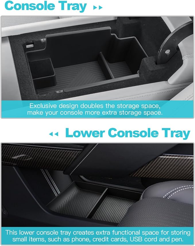 CDEFG 2Pcs for 2026 Cadillac Vistiq Center Console Organizer & Lower Tray | 2026 Vistiq Accessories Middle Console & Lower Console Tray Armrest Storage Box ABS Material