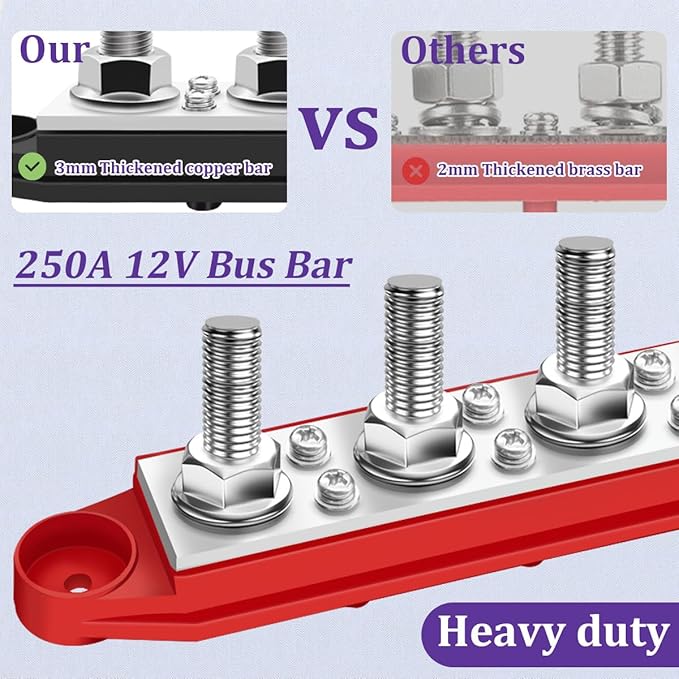 250A 12V Bus Bar Marine 12V,Power Distribution Block with Cover with 4 x 3/8”Post 6 x #8 Screws Terminals,Battery Bus Bar with 4PCS Battery Lugs and 4PCS Heat Shrink Tubing for Car Boat Solar Wiring