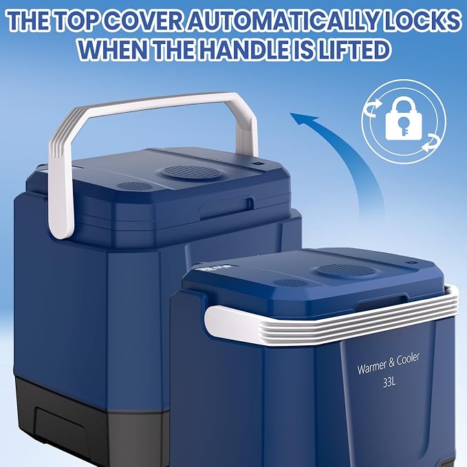 Garvee 35 Quart (33 l) Electric Cooler & Warmer, Portable Car Refrigerator with Automatic Locking Handle, 12V Car Cooler for Vehicle & Trucks, 110V AC Home Power Cord, Plug in Coolers. Blue