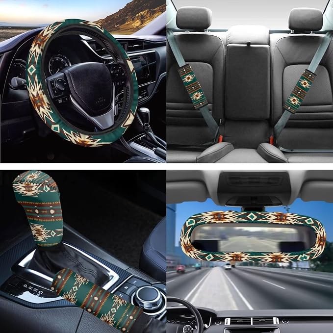 Green Southwest Tribal Geometry Seat Covers for Car 14 Pcs,Aztec Car Steering Wheel Cover+Cup Holder Pad+Keychain+Gear Shift Knob Handbreak Cover+Auto Interior Mirror Covers Universal Fit