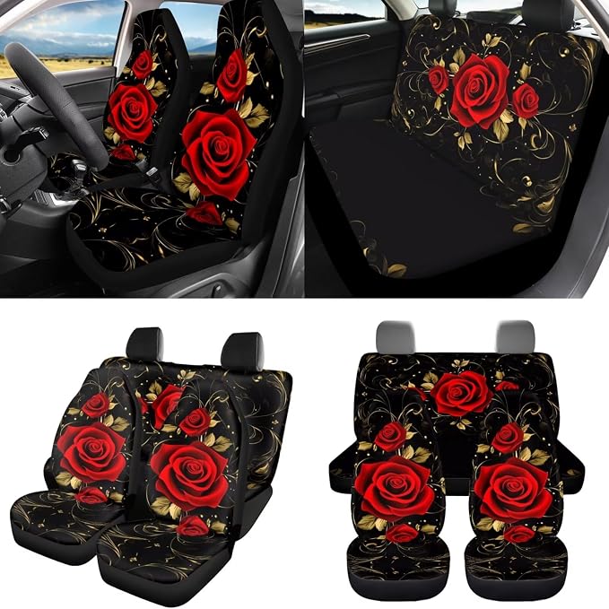 8 Pcs Red Rose Car Seat Covers Full Set Car Accessories for Women Front Seat Cover Steering Wheel Armrest Cover Seat Belt Cover for Auto SUV Interior Decoration