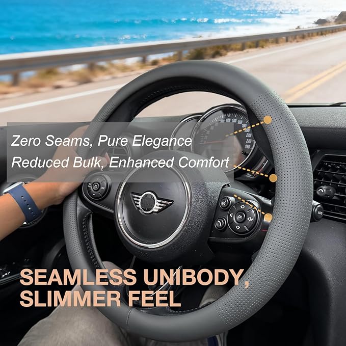 PINCTROT Large Size Nappa Leather Steering Wheel Cover, Slim Fit No Bulk Design, One Piece Leather with Breathable Perforation, Fit Like Gloves, 15.5-15.75 Inch(Nappa Dark Gray)
