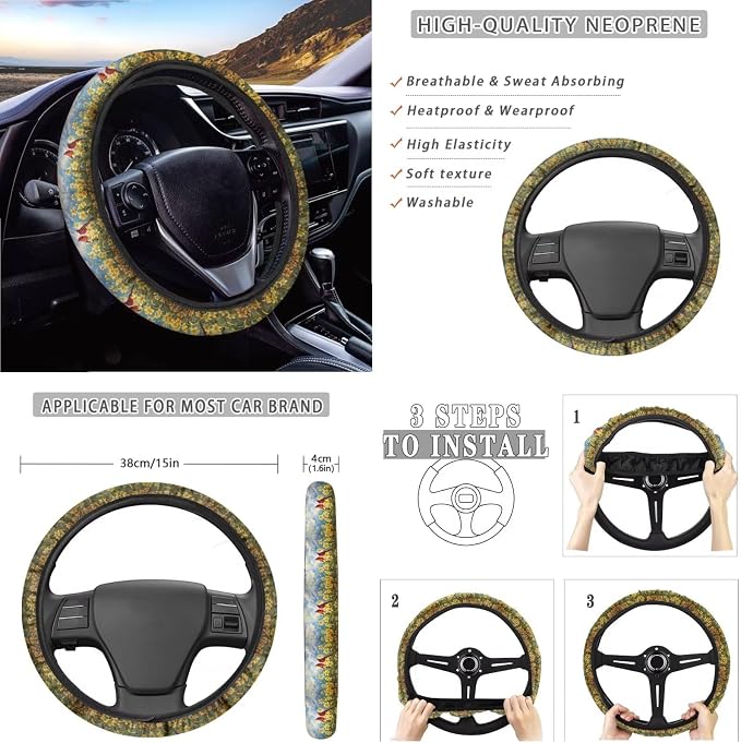 Suobstales Cardinal Lily Flower Print Car Accessories with Car Front Rear Split Seat Covers, Seat Belt Pads + Steering Wheel Cover + Coaster + Keyrings for Women Men Set of 11-Pcs