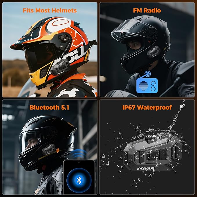 H2 Motorcycle Bluetooth Headset, 2-Way Helmet Intercom with One-Click Pairing, 35H Battery & IP67 Waterproof, DSP CVC Noise Canceling Speakers, Voice Assistant, FM Radio (2 Pack)